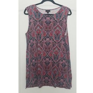 J. Jill Wearever Sleeveless Tunic Top Red Blue Paisley Damask Print Sz M